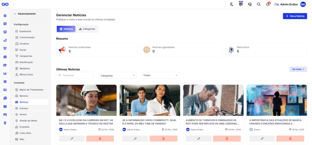 Novo layout de gerenciamento de notícias